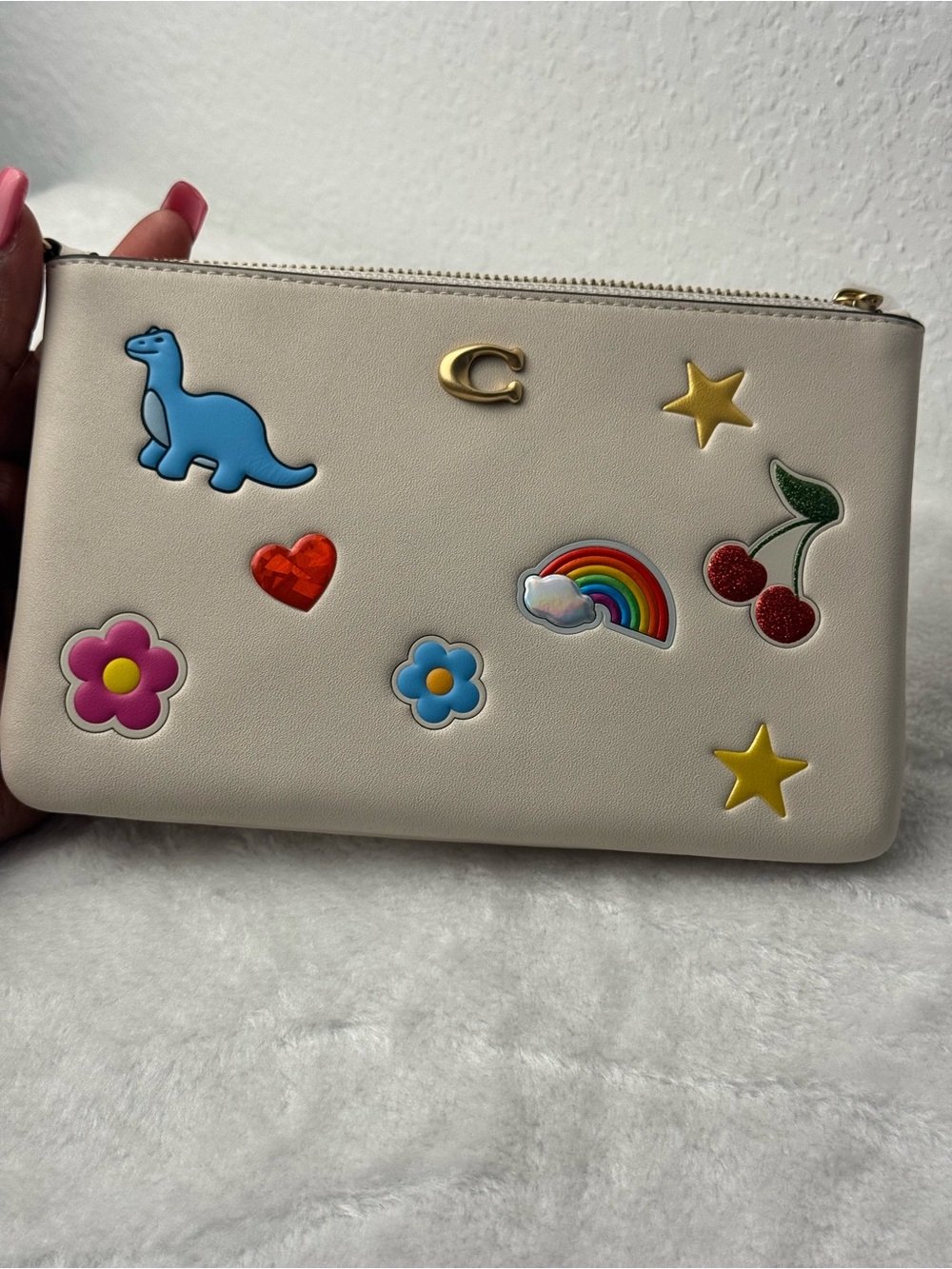 Nwt-Coach Cream Wristlet with Colorful Sticker Patches